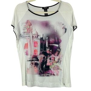 Olsen Europe Artsy Graphic Short Sleeve Tee in White and Purple Size  8